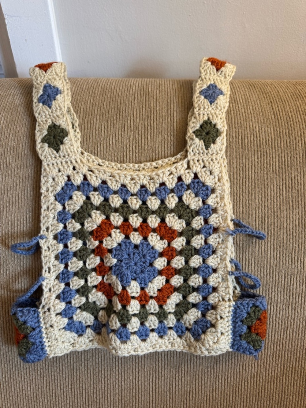 Handmade Crochet Granny Square Tank Top - Cream, Blue, Olive, Rust